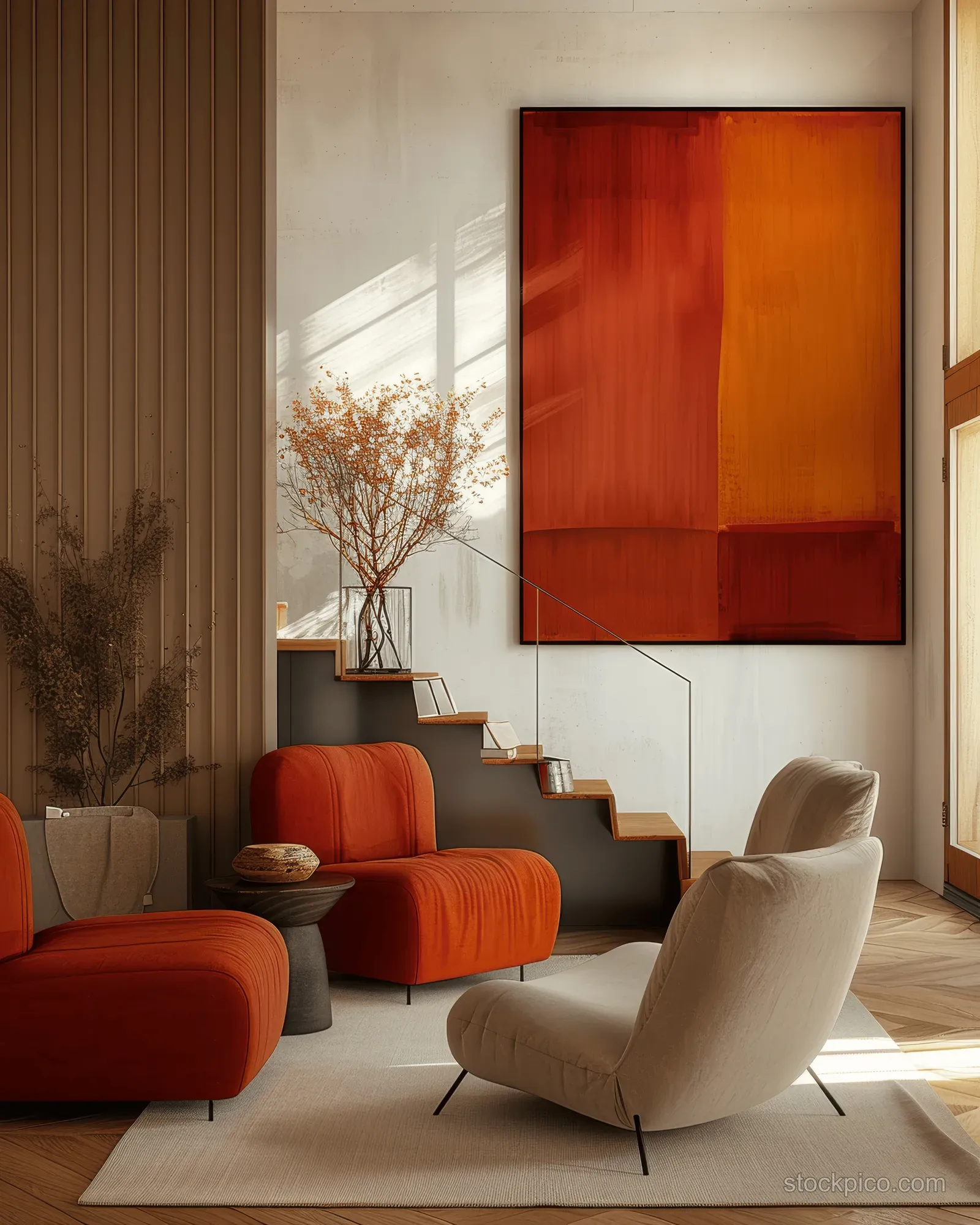 Orange and red minimalist seating faces a white staircase beneath a large red wall art panel in bright daylight.