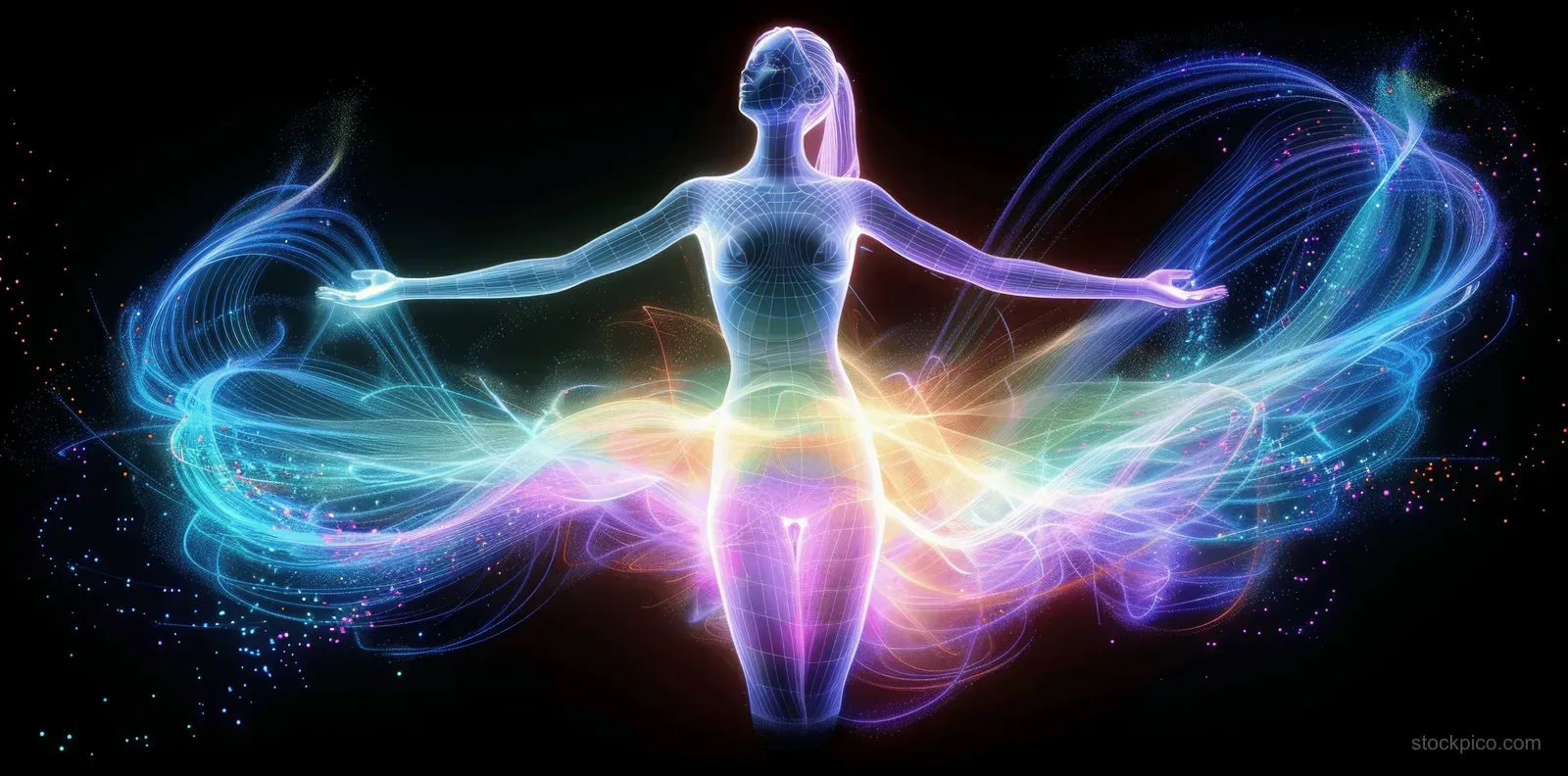 Translucent person silhouette with outstretched arms surrounded by swirling rainbow energy on a black background.