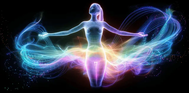 Translucent person silhouette with outstretched arms surrounded by swirling rainbow energy on a black background.