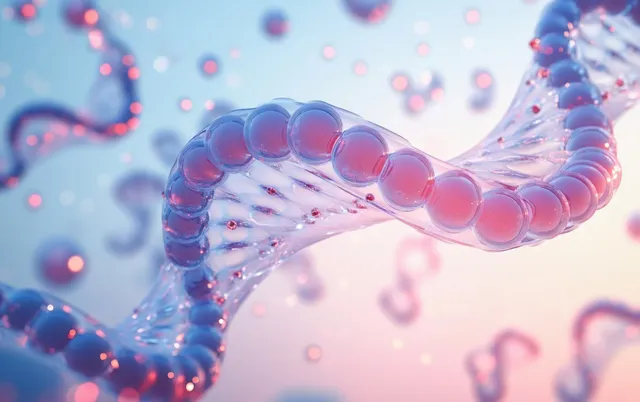 A glowing 3D DNA helix appears in a lab scene with translucent molecular rings and soft bokeh particles.