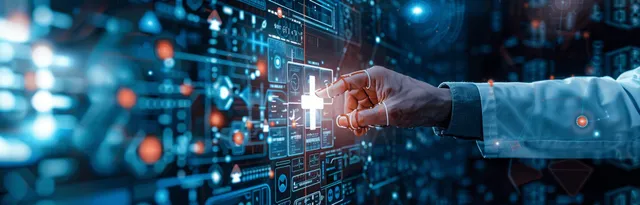 Gloved technician hand reaching toward glowing medical AI network interface in hospital lab