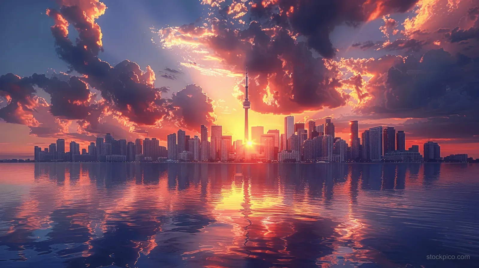 Toronto skyline at sunset with golden reflections across calm Lake Ontario under dramatic clouds.