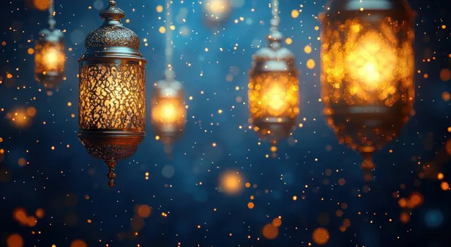 Ornate hanging lanterns glow warmly against a dark blue background with floating golden light particles.