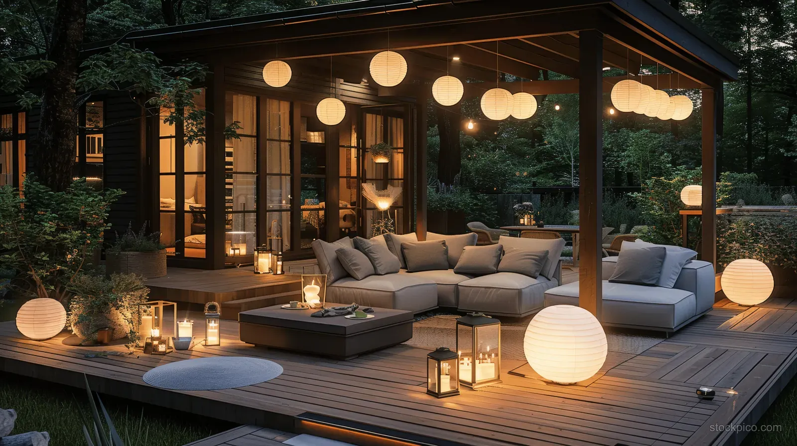 Outdoor patio at night with gray sofas, glowing lanterns, and string lights beneath a wooden pergola.