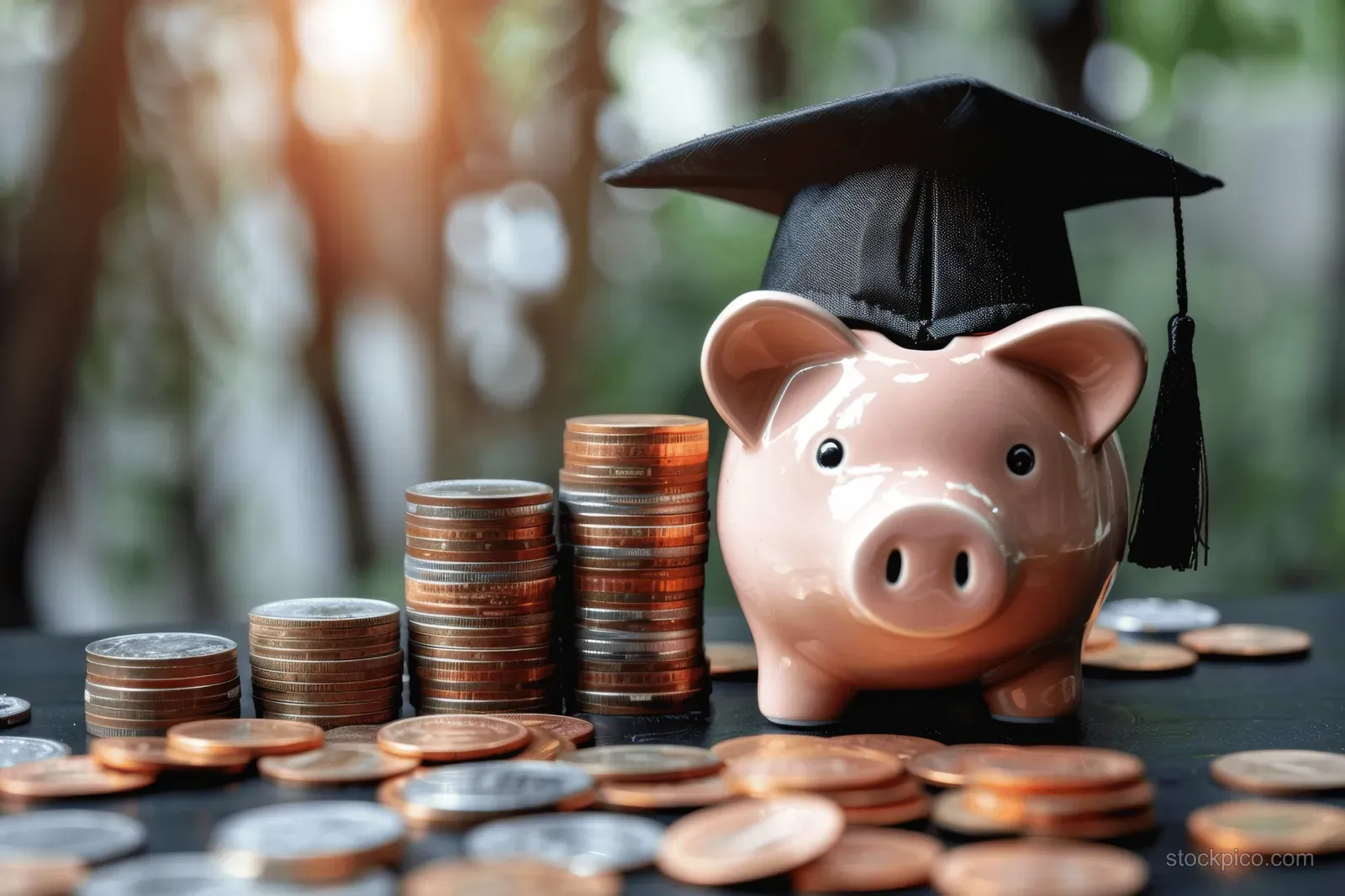 Piggy bank with a graduation cap next to stacked coins on a desk in soft study-room light.