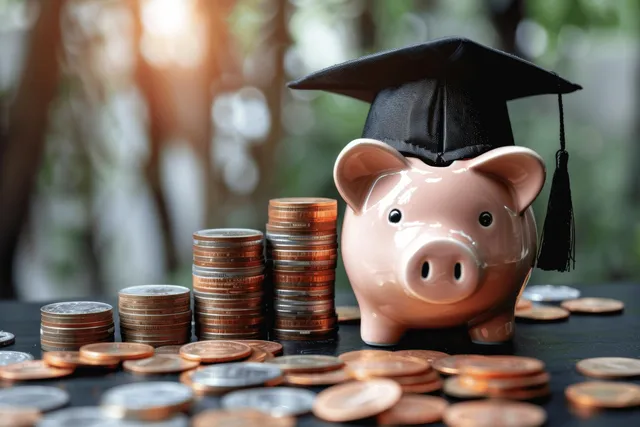 Piggy bank with a graduation cap next to stacked coins on a desk in soft study-room light.