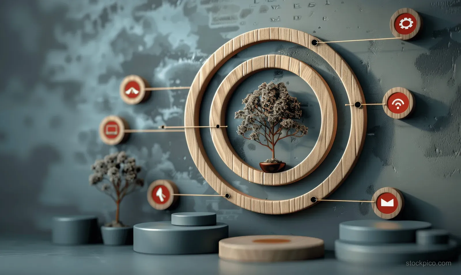 A wooden circular frame holds a tree with surrounding target and notification icons on a business desk.