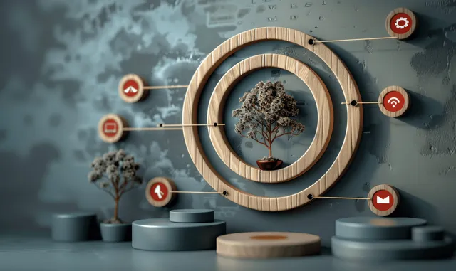 A wooden circular frame holds a tree with surrounding target and notification icons on a business desk.