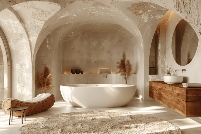 Minimalist serene bathroom with freestanding bathtub under arched ceiling and warm natural light