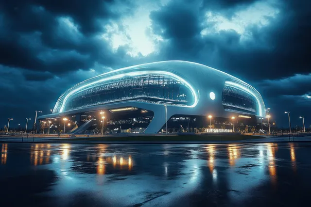 Futuristic stadium facade glows with neon lights, reflected on wet ground under stormy night clouds.