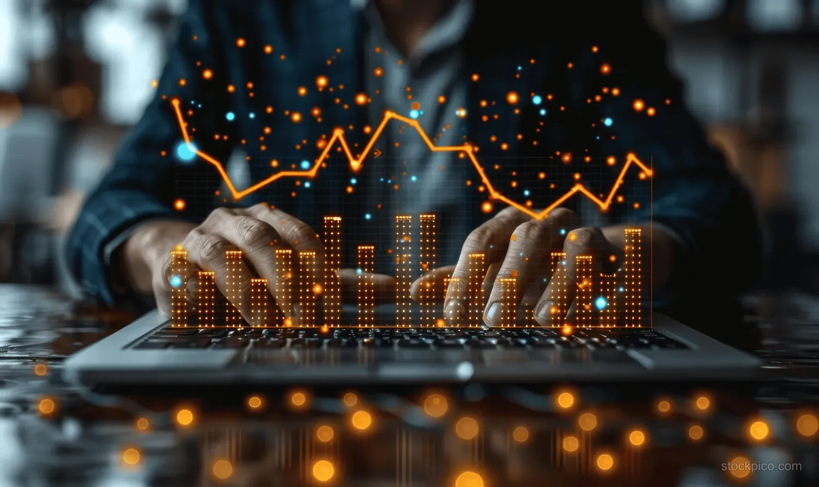 A person typing on a laptop with an orange market chart and glowing property skyline overlay.