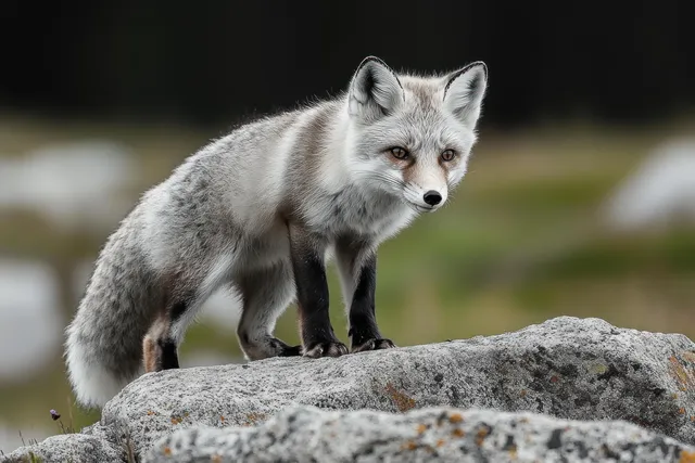 Curious gray fox crouches on rocky ground, eyes alert against a green forest blur