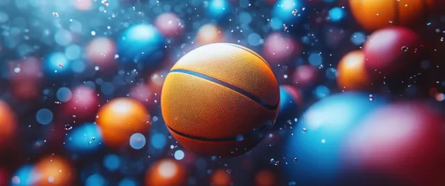 Basketball centered in focus with colorful bokeh arena lights swirling behind it.