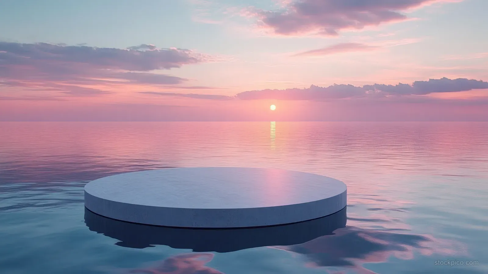 A round concrete platform floats on calm ocean water as a pink and purple sunset reflects on the surface.