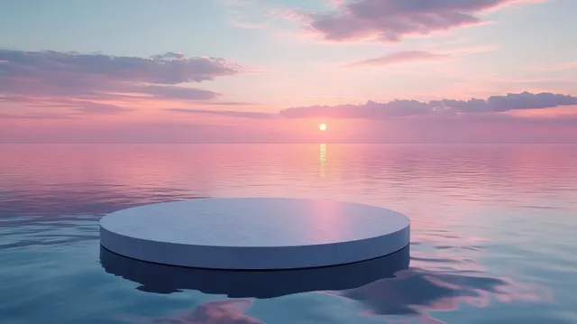 Round concrete platform floats on calm ocean at sunset, reflecting pink and purple sky