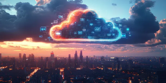 Neon city skyline at dusk with a glowing digital cloud and floating network icons above the rooftops.