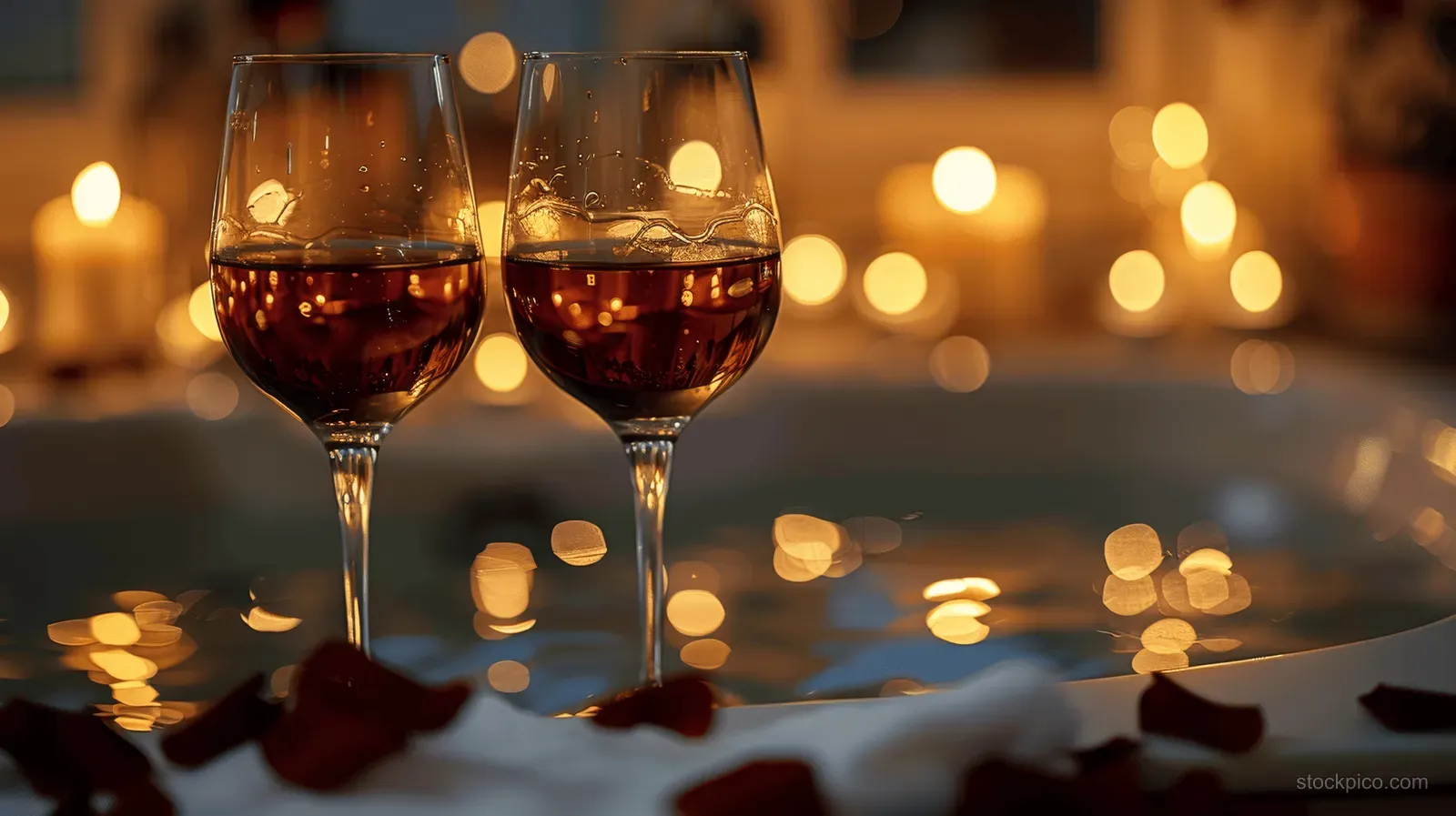 Two glasses of red wine rest near a bubbling bathtub with warm candle glow in the background.