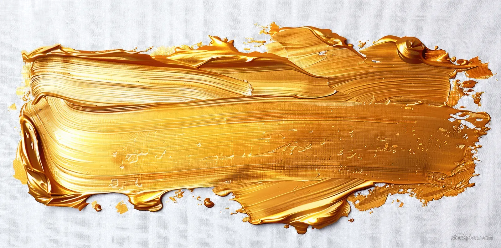 Glossy gold acrylic paint brush stroke stretches across a white background with thick metallic texture.