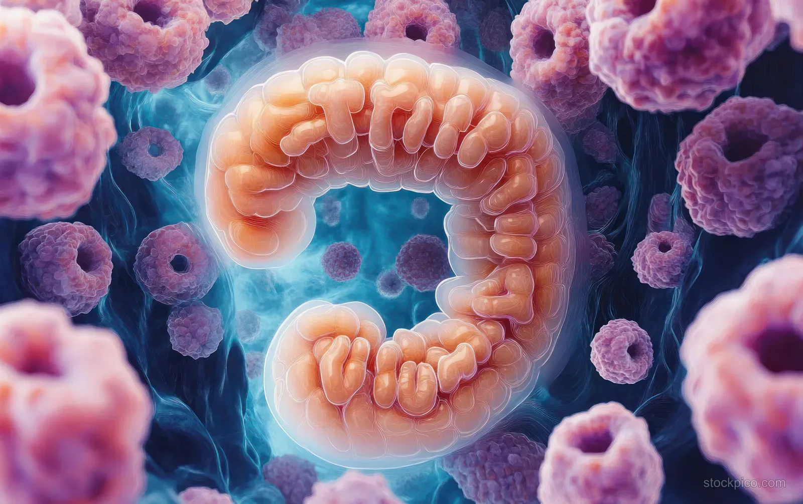 Watercolor intestine cross-section surrounded by colorful cells and swirling fluid-like highlights.
