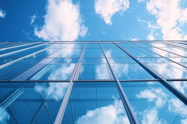 Low-angle view of a glass skyscraper facade reflecting blue sky and white clouds.