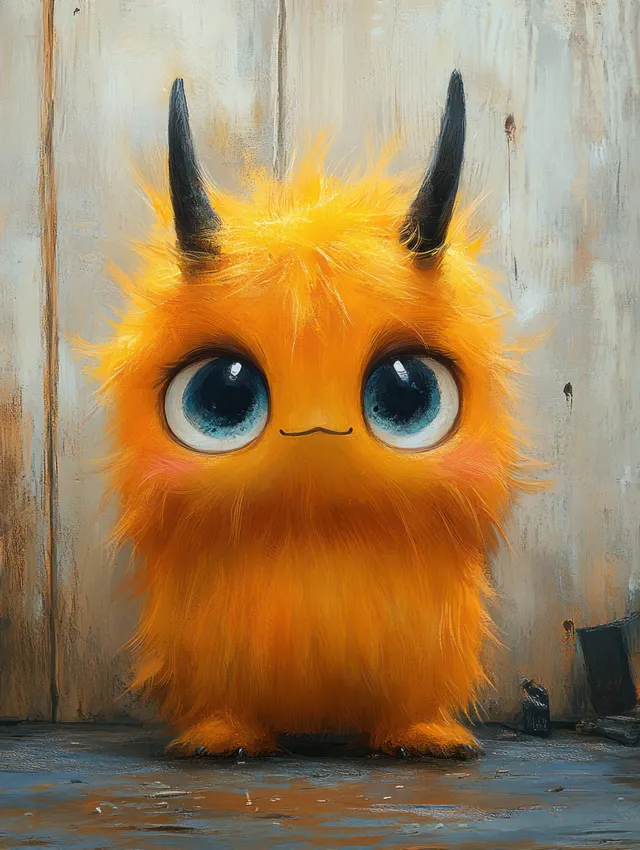 Cute orange furry monster character with blue eyes and small horns smiling in a Halloween-themed setting.