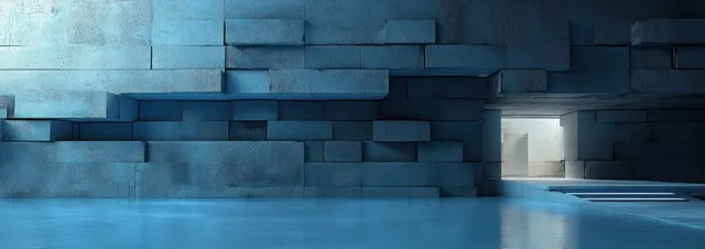 Empty futuristic industrial room with geometric tiled metal walls and a reflective floor under soft blue lighting.