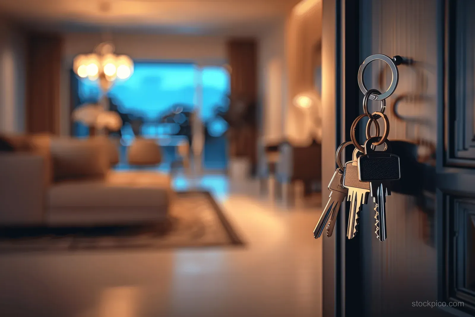 Keys hang from an open apartment door with a bright living room blurred behind them.