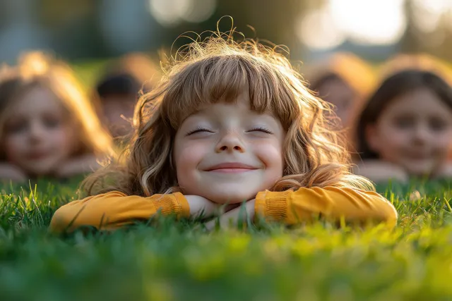 Smiling Indian child lies on green grass in a spring park while friends play in the background.
