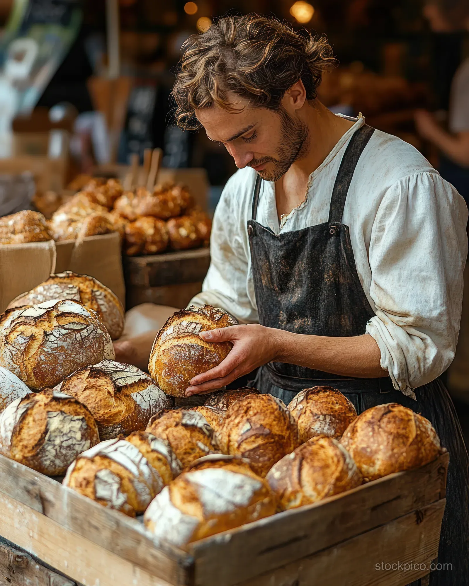 A young baker in an apron inspects golden round loaves in a rustic wooden crate at a bakery.