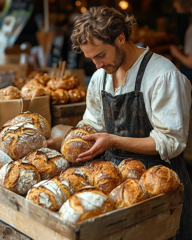 A young baker in an apron inspects golden round loaves in a rustic wooden crate at a bakery.