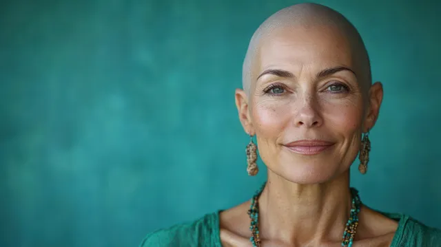 Bald woman with green eyes wearing turquoise earrings and necklace in a close-up portrait against textured teal.