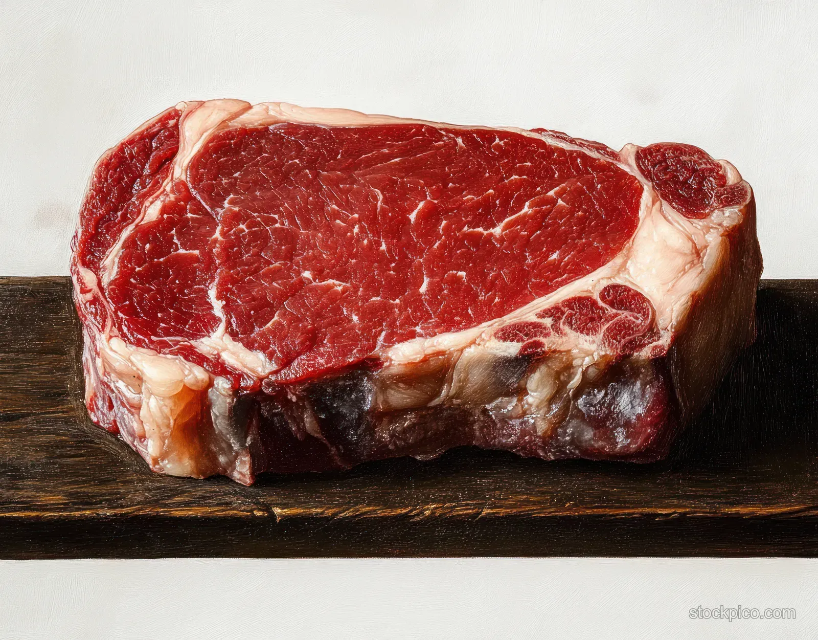 Raw red beef steak with marbling and fat on a dark wooden board against a white background.