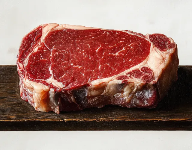Raw red beef steak with marbling and fat on a dark wooden board against a white background.