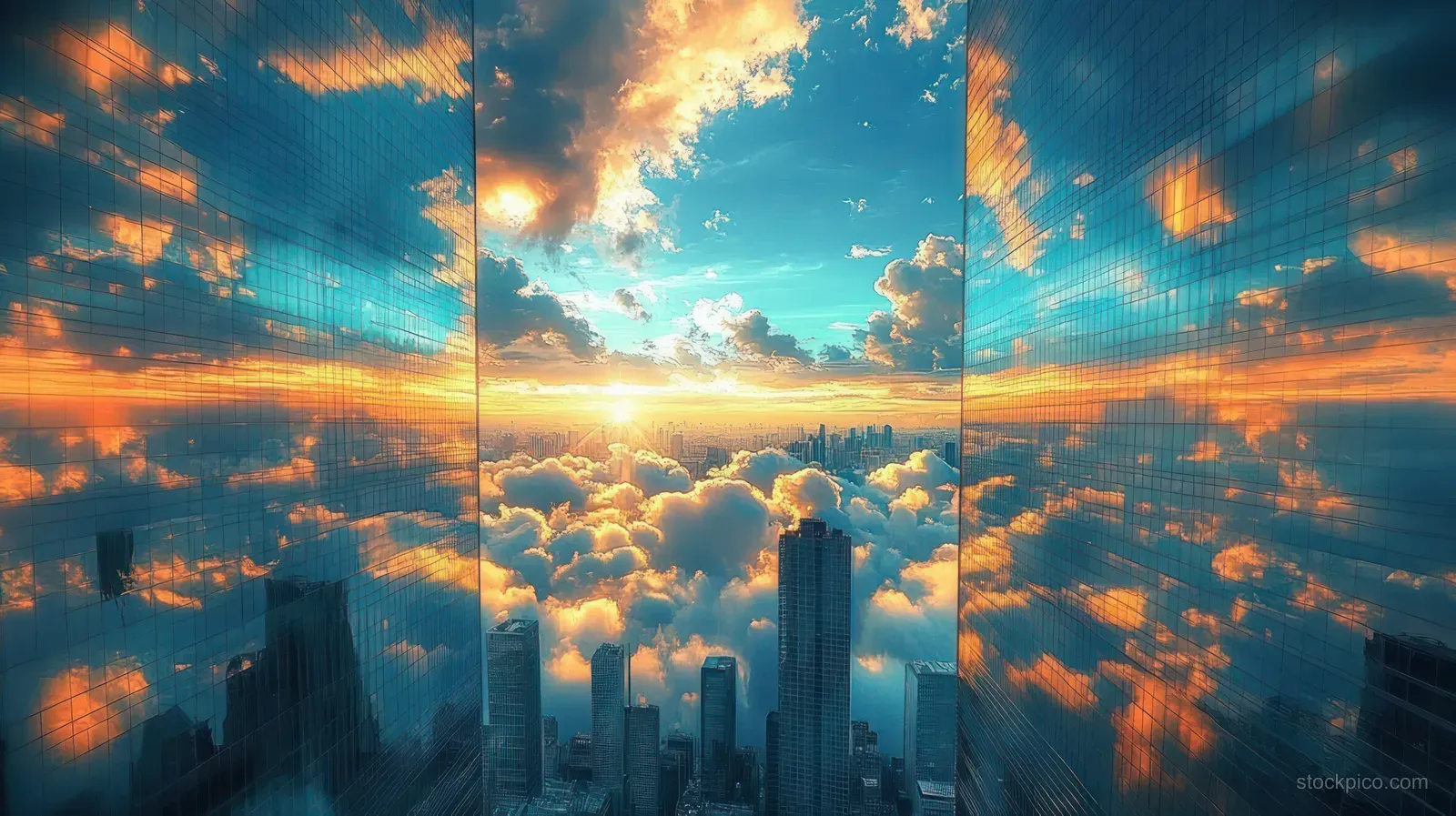 Sunset skyline of tall skyscrapers with cloud layers and orange-blue light reflected on glass buildings.