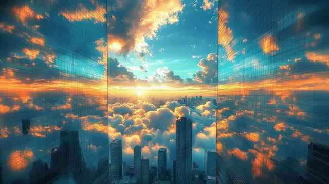 Sunset city skyline with skyscrapers, clouds, and glass reflections across a glowing horizon