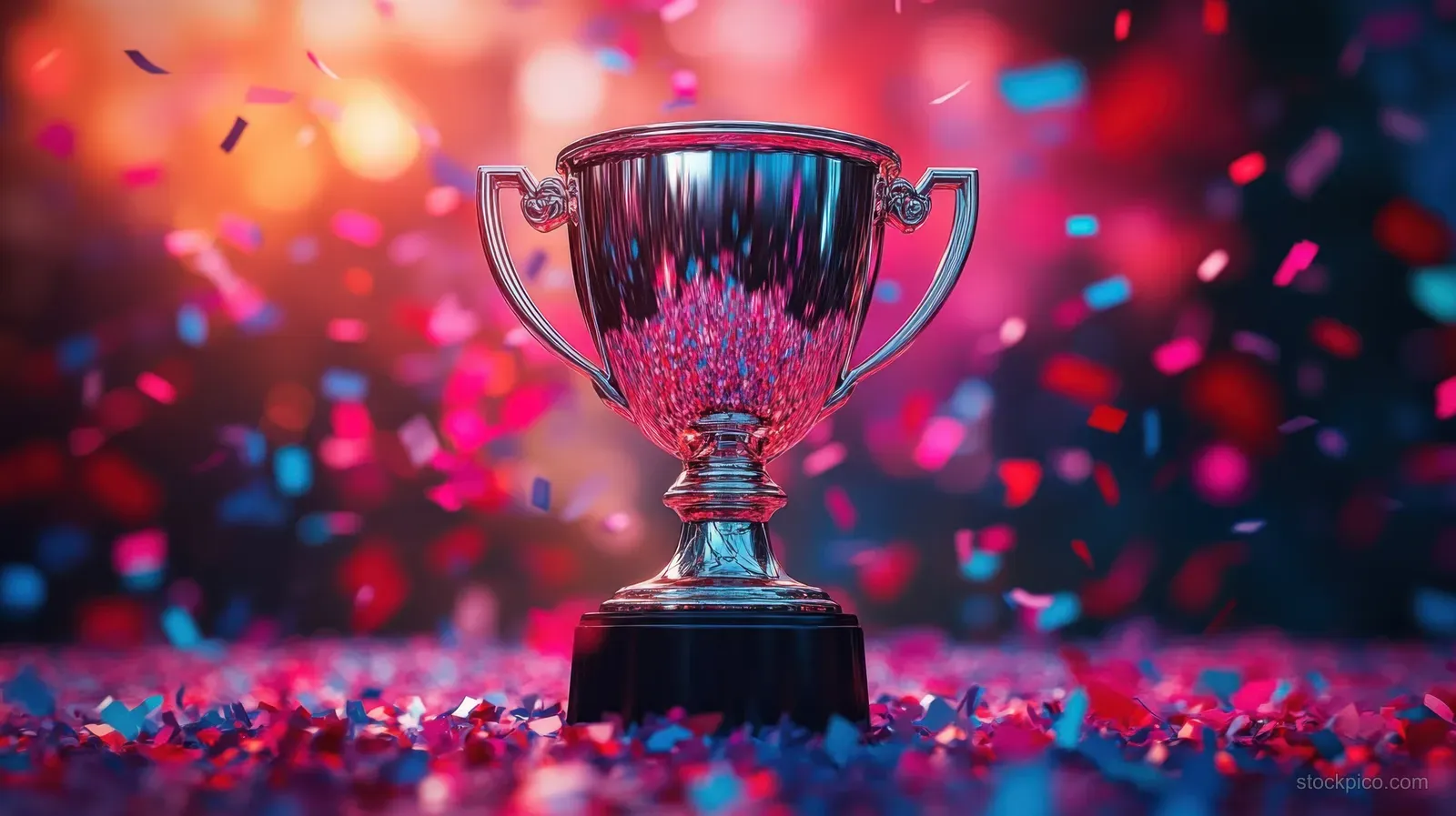 A silver trophy on a black base surrounded by colorful confetti with glowing festive lights in the background.