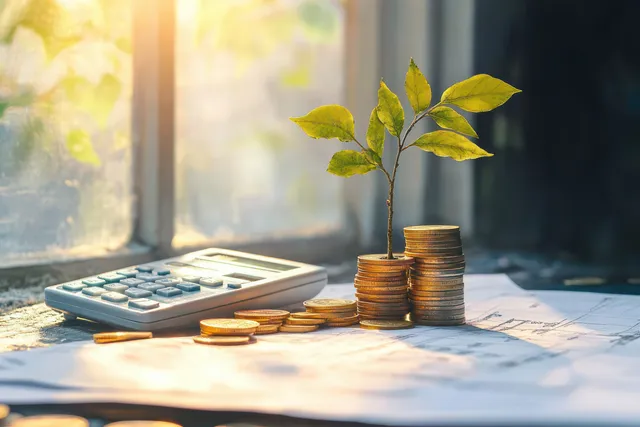 Seedling rising from coin stacks beside calculator on finance documents in sunlit window light