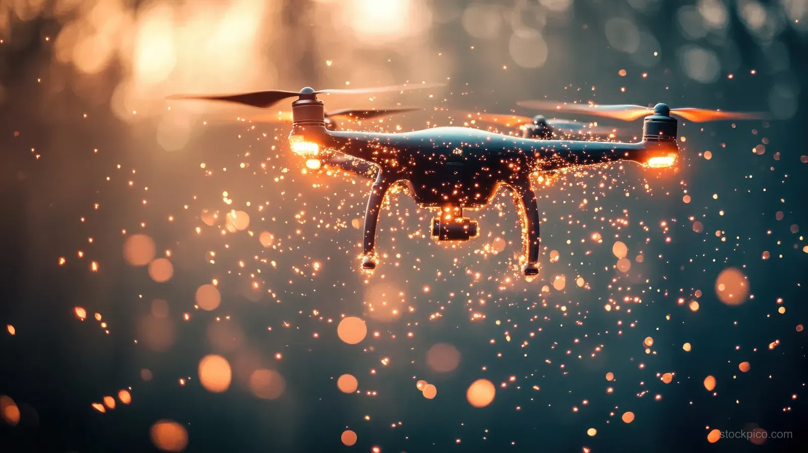 Black quadcopter drone hovering with golden spark-like light particles around it against a blurred dark sunset background.