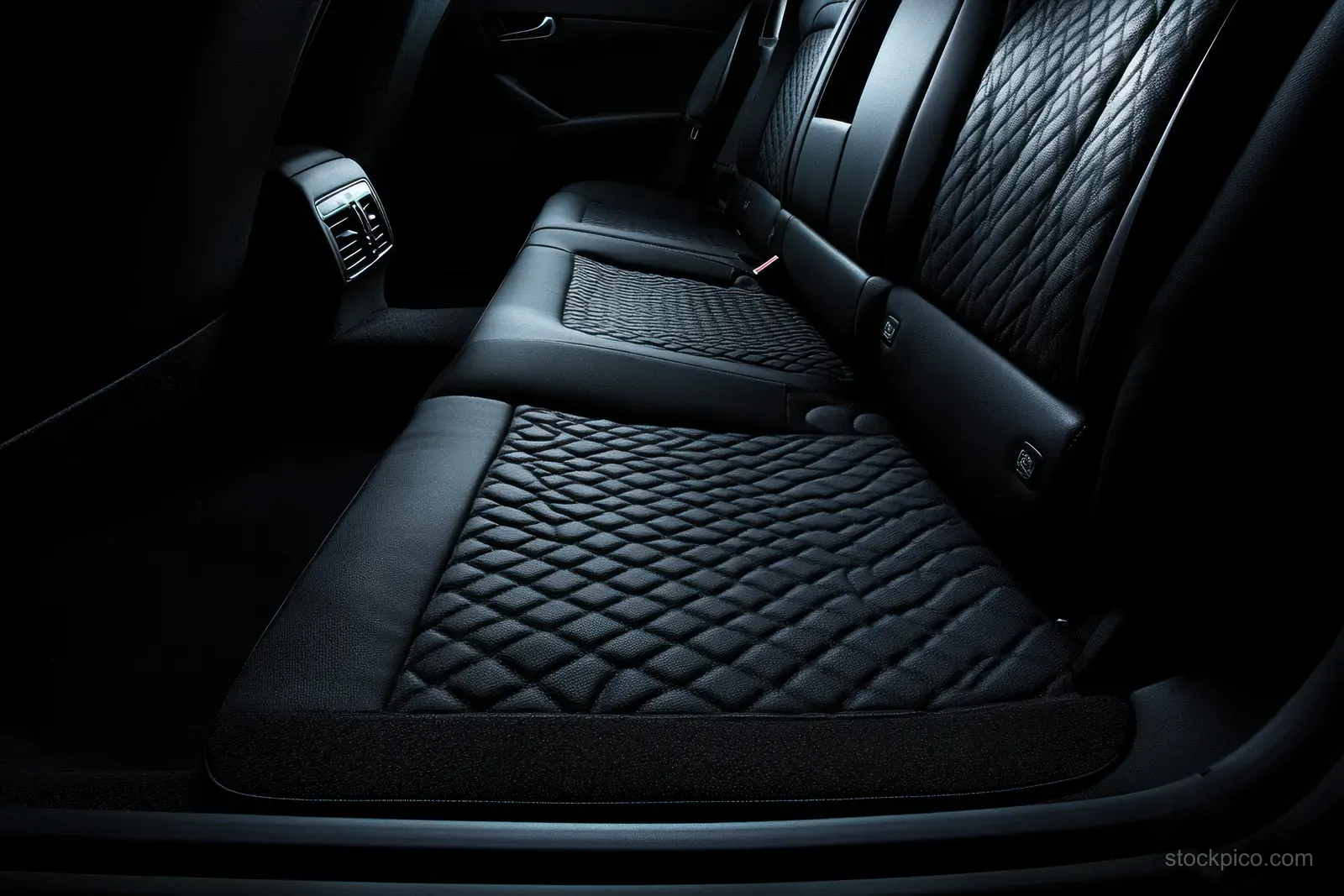 Dark luxury car cabin showing quilted black leather rear seats with detailed stitching and seat controls.
