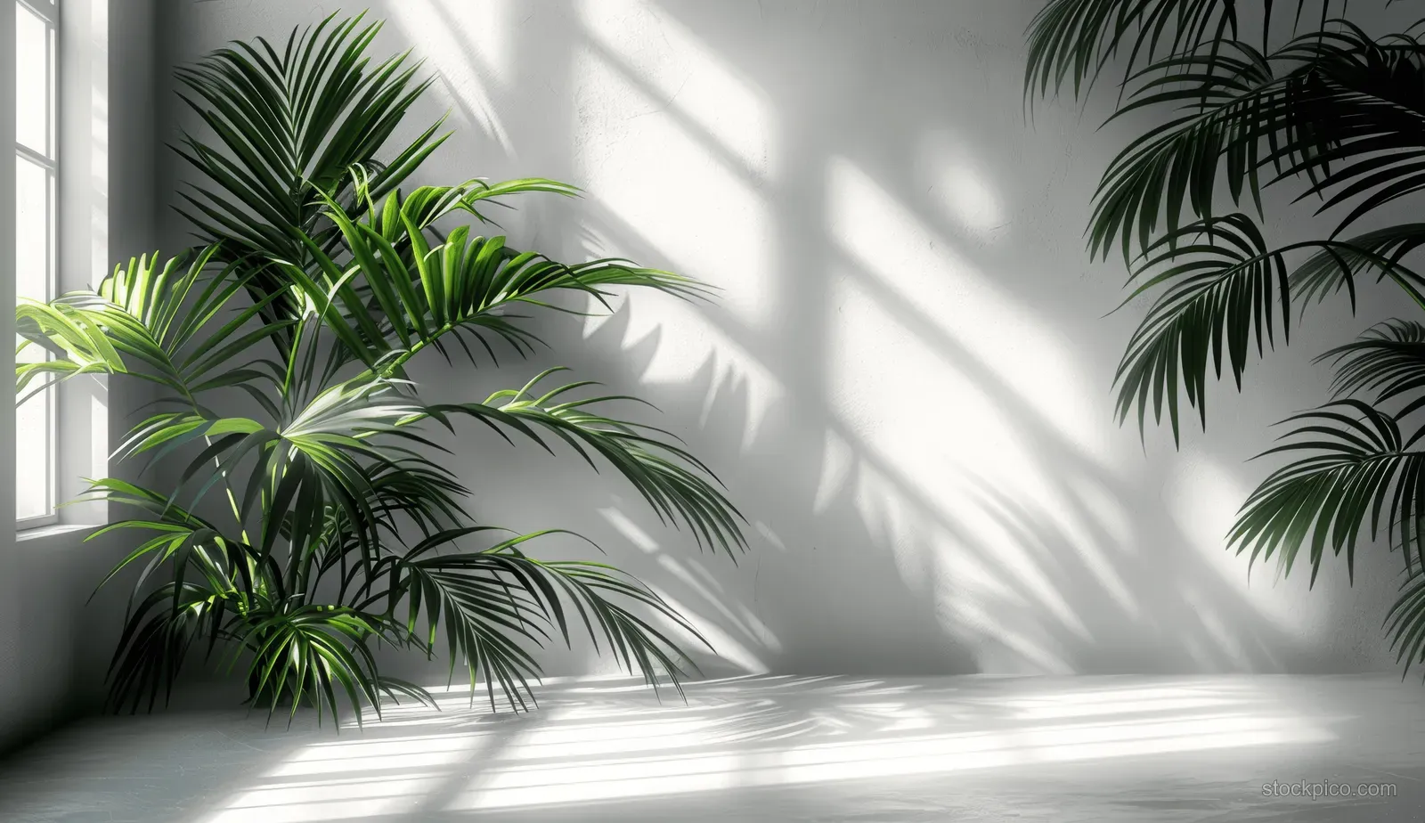 Sunlit plaster wall corner with palm leaf shadows and curtains creating soft patterns on a pale backdrop.