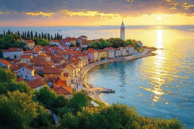 Aerial drone view of Rovinj’s coastal streets and church at sunset over Adriatic Sea