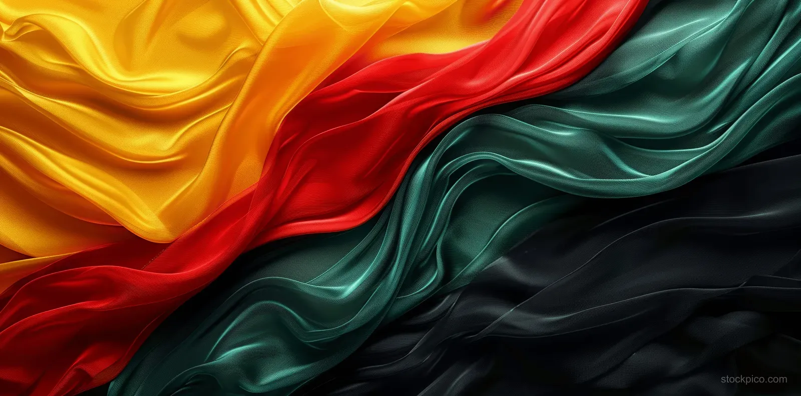 Waving fabric flag in black, red, yellow, and green with detailed textile folds filling the frame.