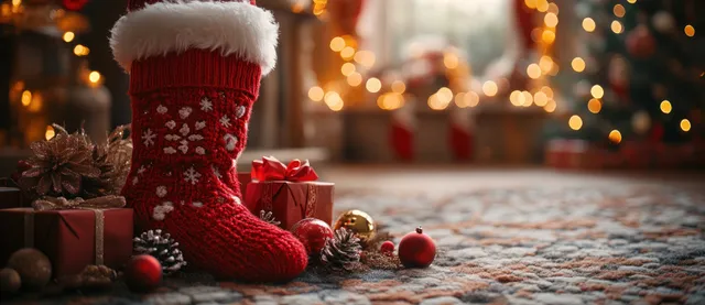 Cozy red Christmas stocking ornaments beside wrapped gifts on snowy table with glowing bokeh lights