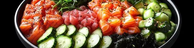 Close-up of a raw fish bowl with sliced salmon and tuna, cucumber, seaweed, and herbs on a black plate.