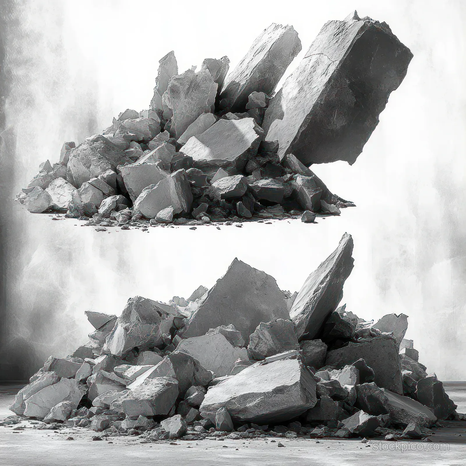 Two piles of broken gray concrete chunks and rubble on a dusty surface with rugged, fragmented pieces.