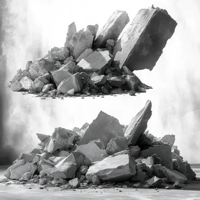 Two piles of broken gray concrete chunks and rubble on a dusty surface with rugged, fragmented pieces.
