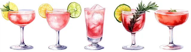 Row of five watercolor cocktails with pink-red drinks, lemon, lime, rosemary, and tomato garnish