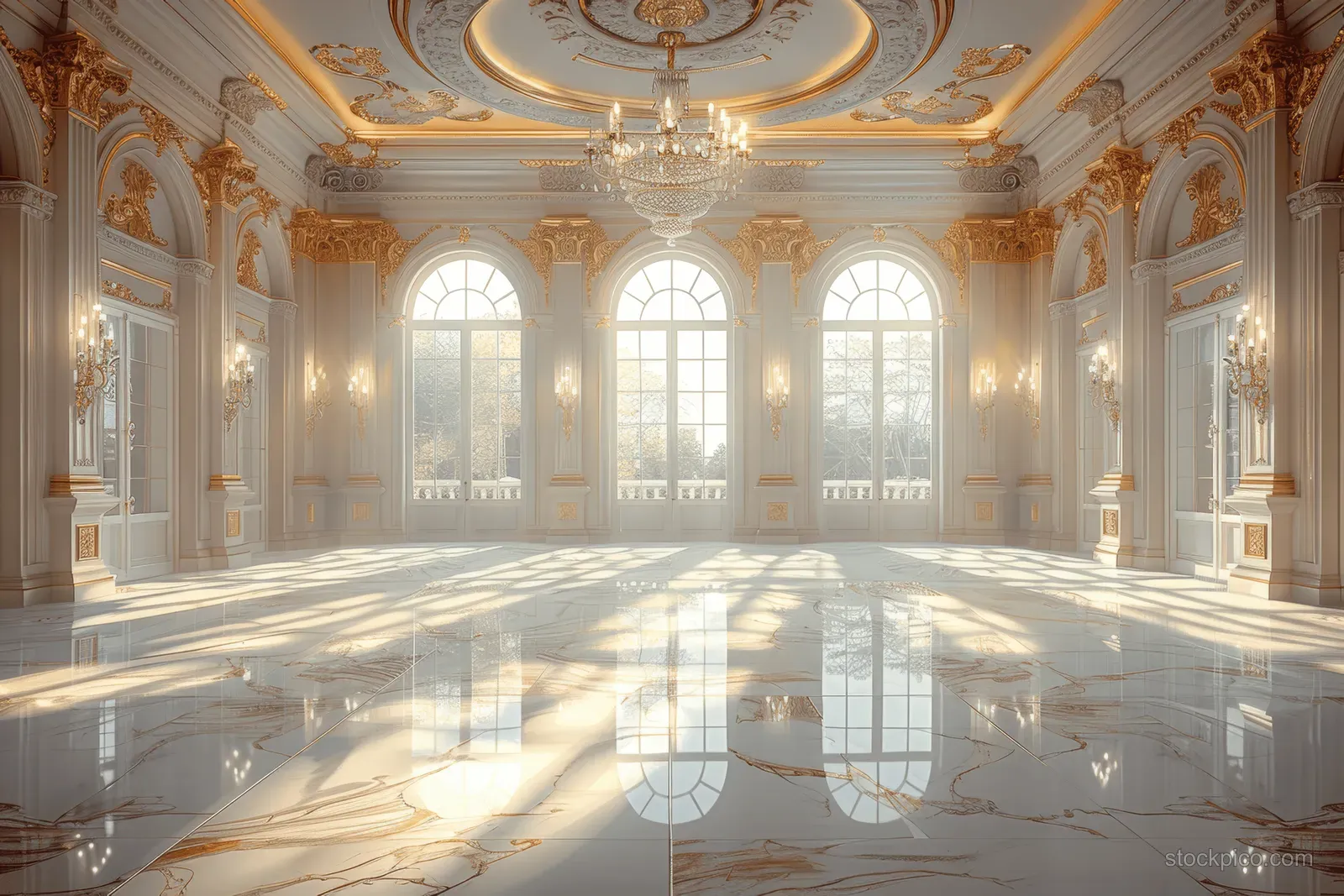 Sunlit Baroque ballroom interior with golden chandeliers, arched windows, and reflections on a marble floor.