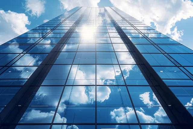 Looking up at a blue glass skyscraper reflecting clouds across its tall facade