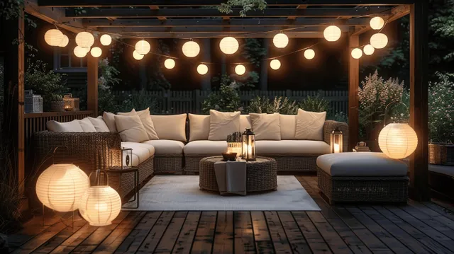 Warm lanterns and string lights illuminate a wooden gazebo terrace with wicker sofas and white cushions at night.